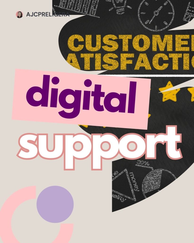 Graphic design with bold text elements highlighting "Customer Satisfaction," "Digital," and "Support." The background includes chalkboard-style doodles of clocks, charts, and rating stars, symbolizing efficiency and service quality.