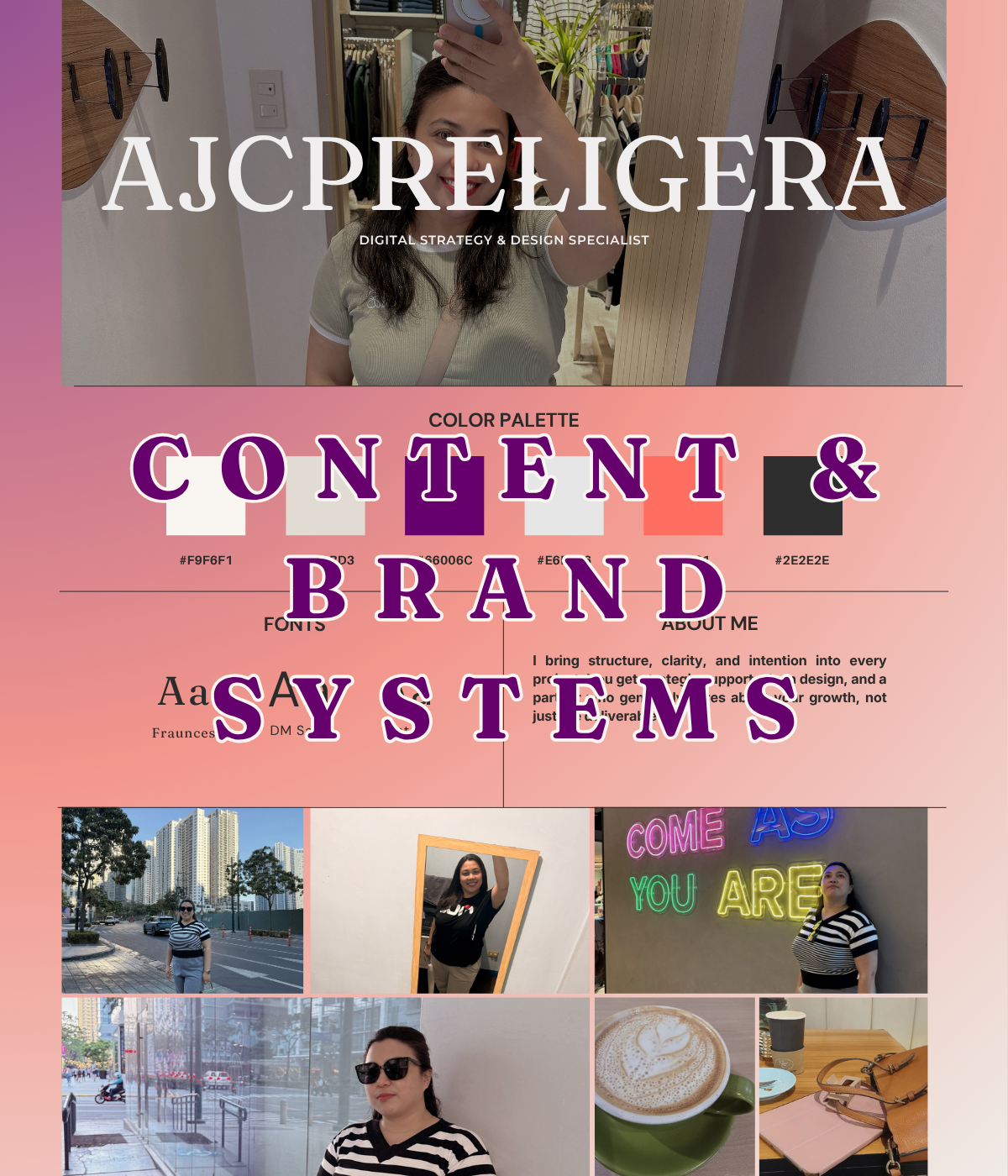 ajcpreligera brand system overview showing color palette, fonts, and personal photos, representing Content & Brand Systems services