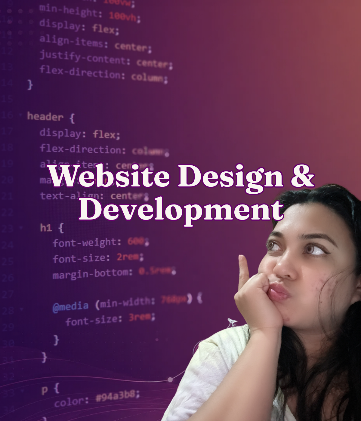 Arianne of ajcpreligera looking thoughtfully at CSS code on screen, representing Website Design & Development services