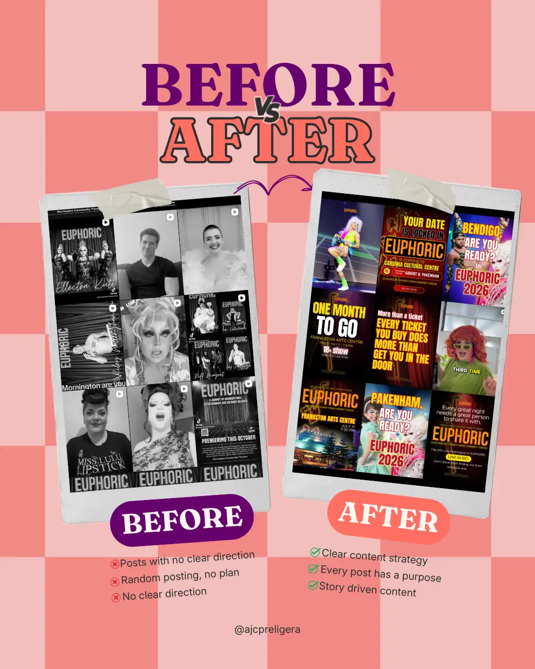 EUPHORIC Instagram grid before and after content strategy
