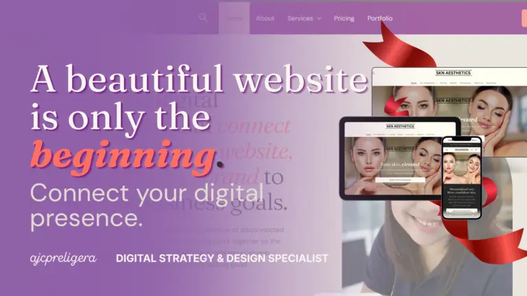 Website, social media, search and email mockups connected by a coral ribbon beside the words “A beautiful website is only the beginning.”